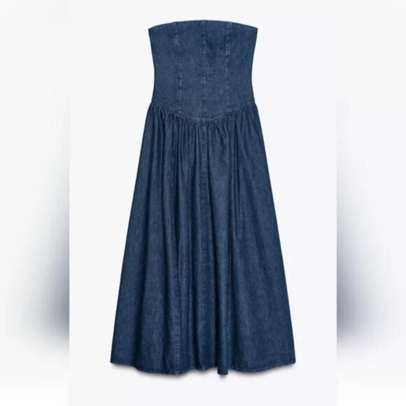 Zara Strapless Denim Dress - Blue - Picture 3 of 4